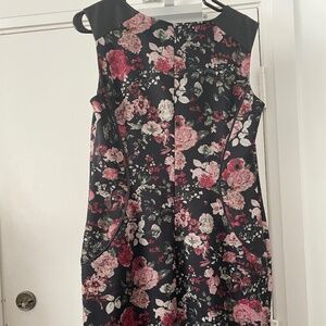 Dark Floral Sheath Dress with Faux Leather Shoulders – Size 10
